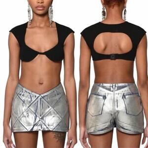 New Char Workroom Woven Wax Denim Mini Skort in Signature Silver Sz S